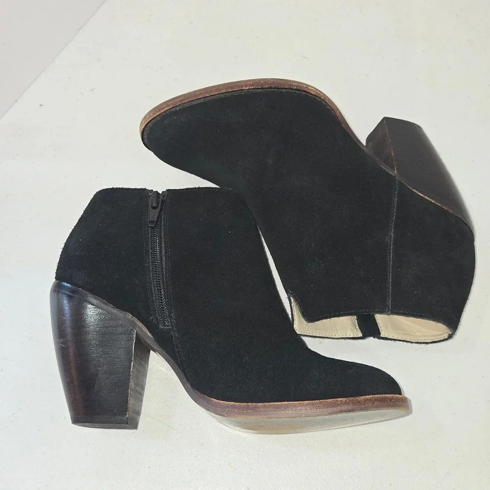 Soho Cobbler Women Black Suede Leather Ankle Boots Block Heel Side Zip Size 8